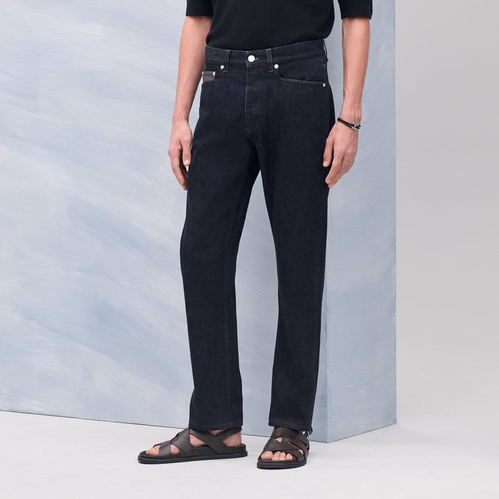 Indigo Jeans With Leather Pocket Detail