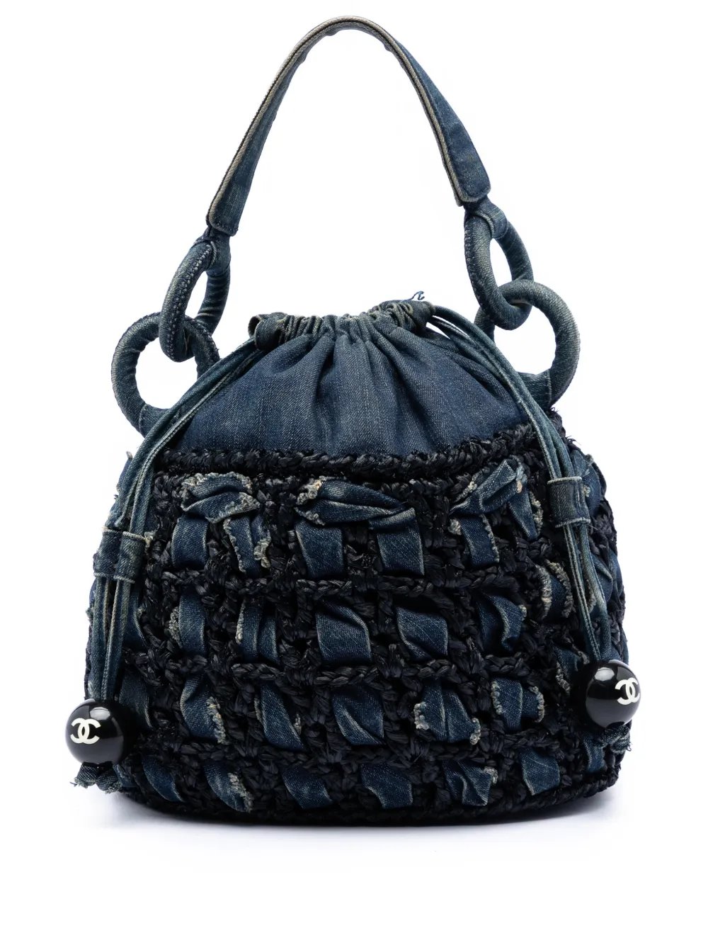 2005-2006 CC Woven Denim and Raffia Drawstring bucket bag