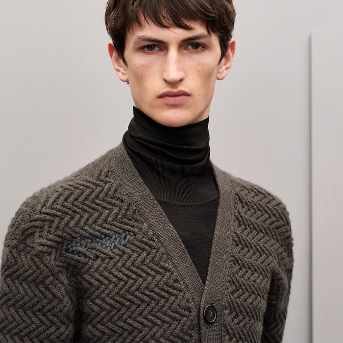 Taupe "Tressage Cuir" Buttoned Cardigan