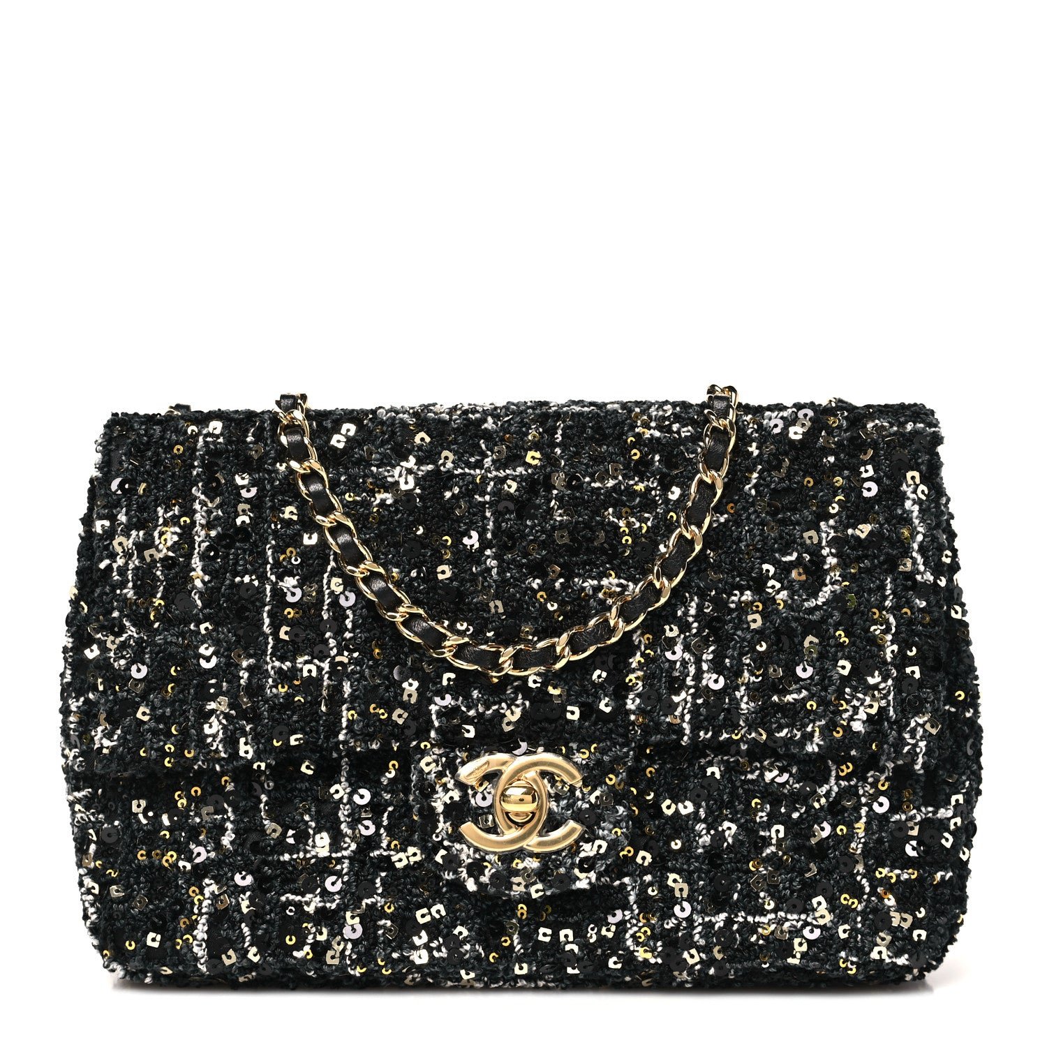 Chanel Tweed Sequin Small Single Flap Black Silvery Golden