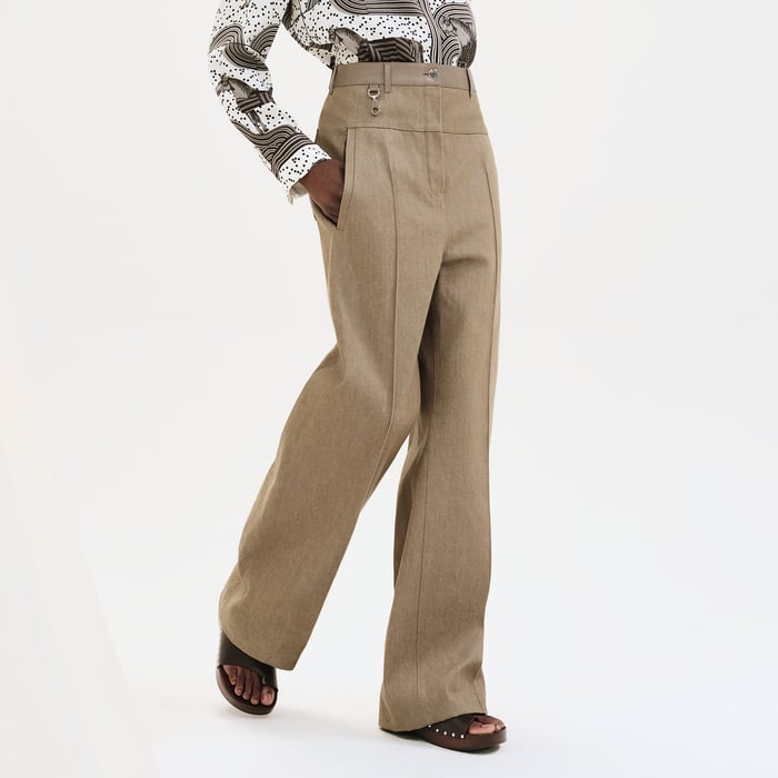 Vert Thé De Rooibos Loose Fit Pants With Leather Detail