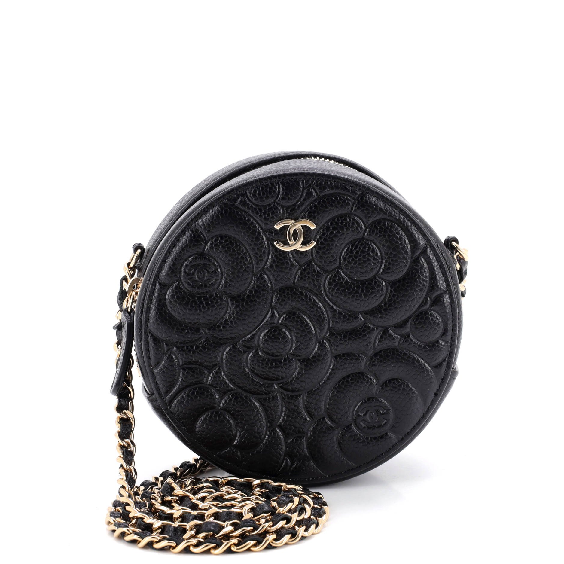 Round Clutch with Chain Camellia Caviar Mini