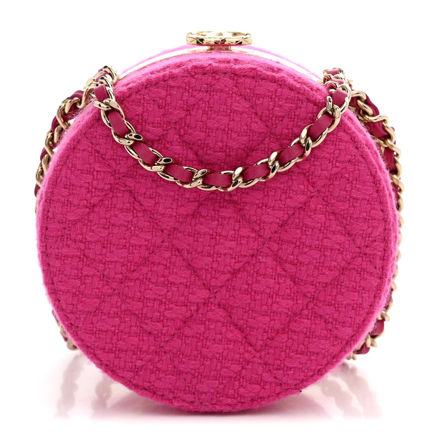 Chanel Metal Tweed Quilted Round Lock Frame Vanity Clutch With Chain Pink