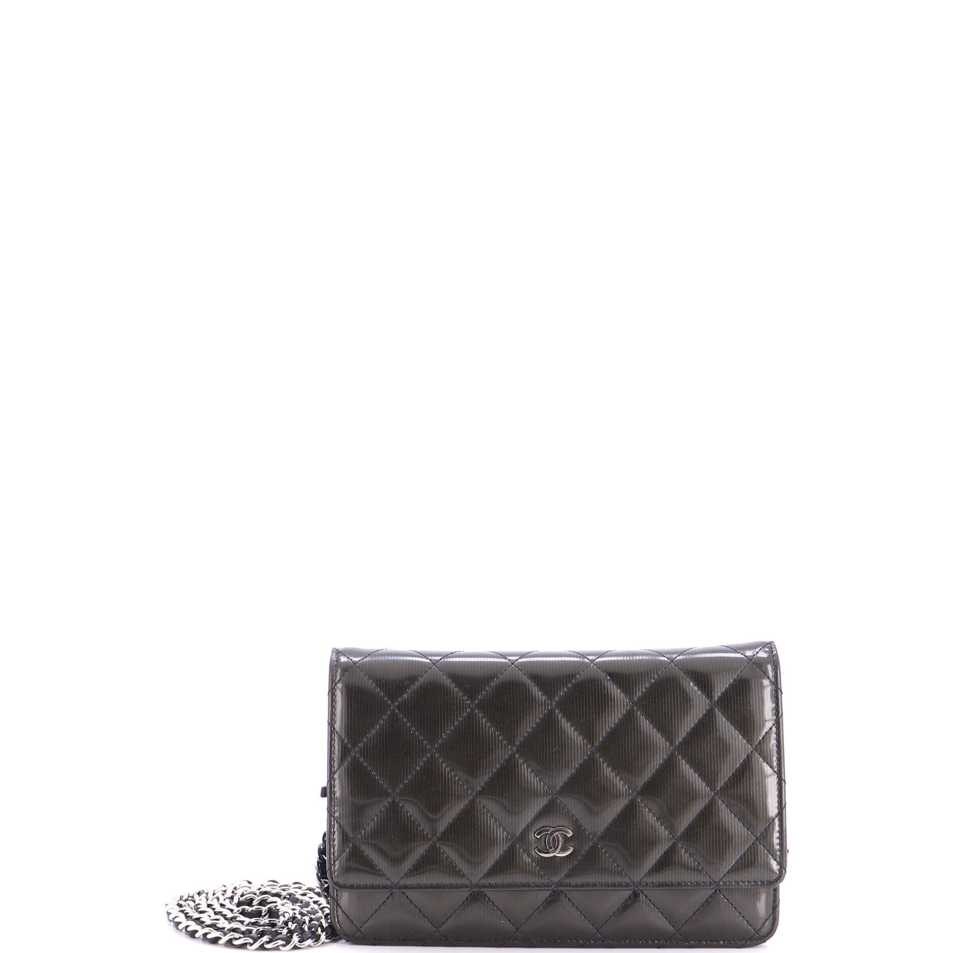 Wallet on Chain Quilted Striated Metallic Patent