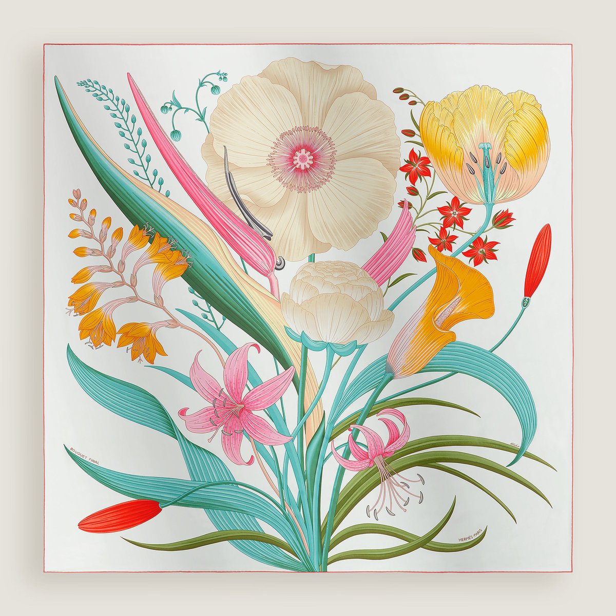Hermès Bouquet Final scarf 140 Blanc/Vert Céladon/Rose Multicolore