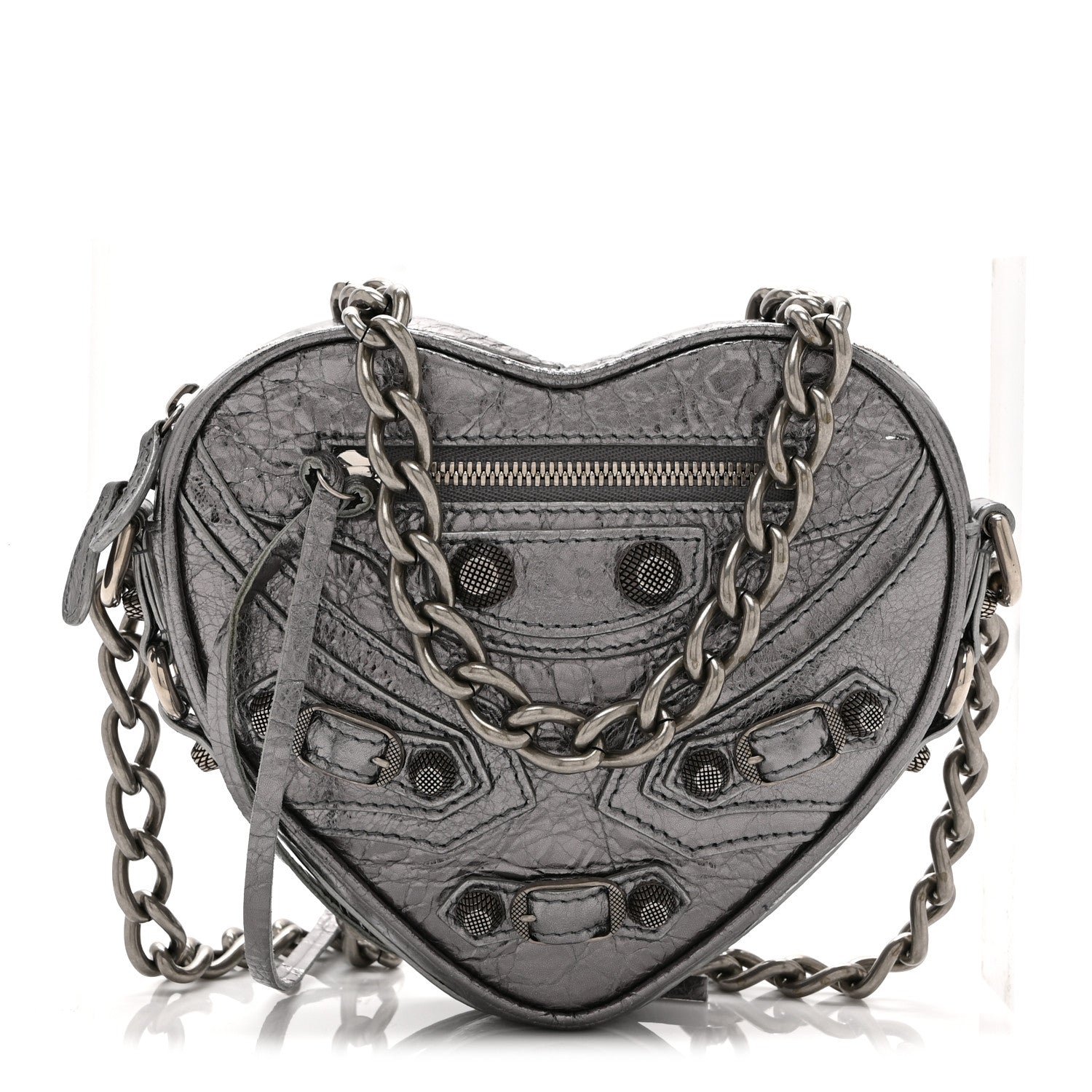 Balenciaga Metallic Agneau Arena Mini Le Cagole Heart Bag Silver
