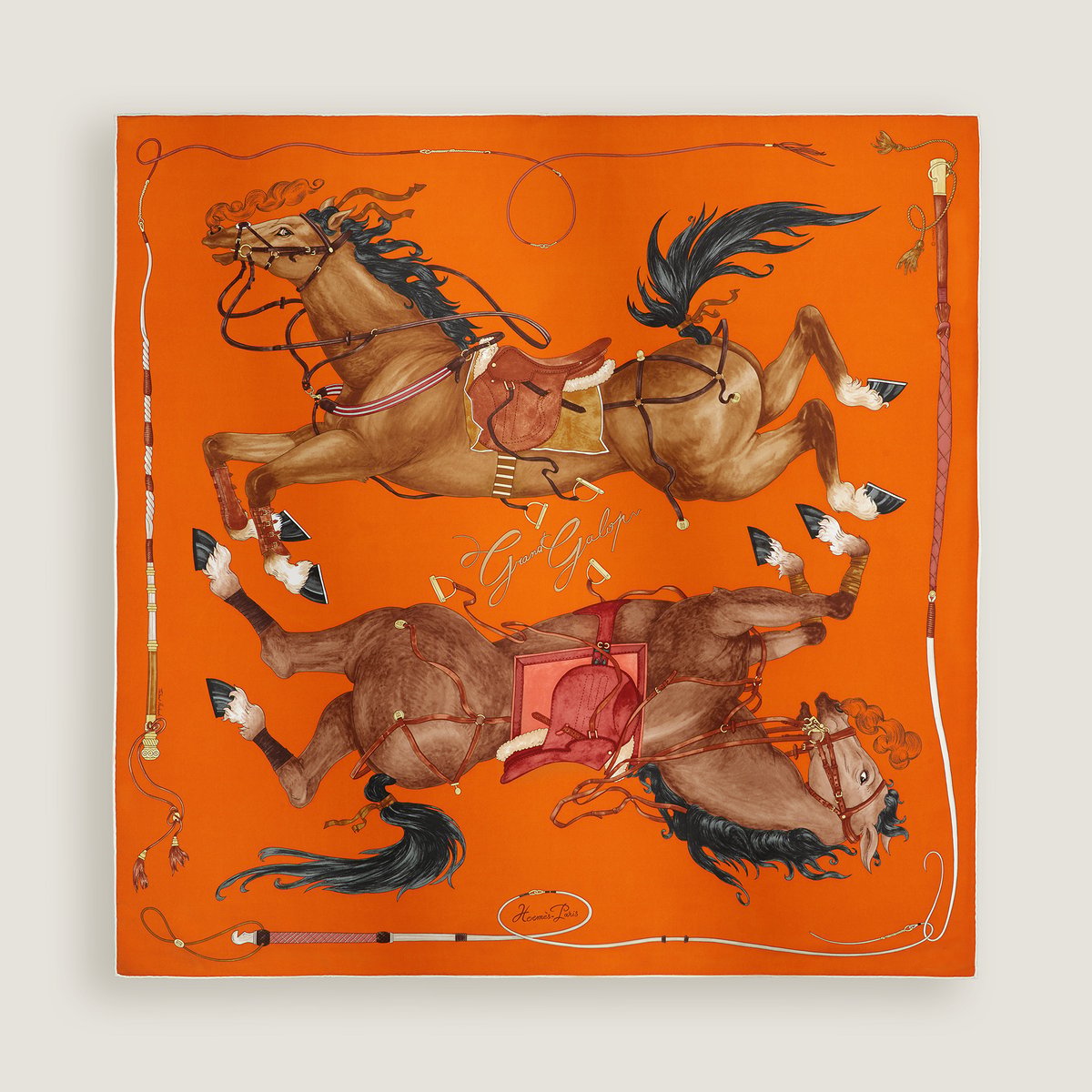 Hermès Grand Galop scarf 90 Orange Cuit/Cuir/Brique | BagUSeek