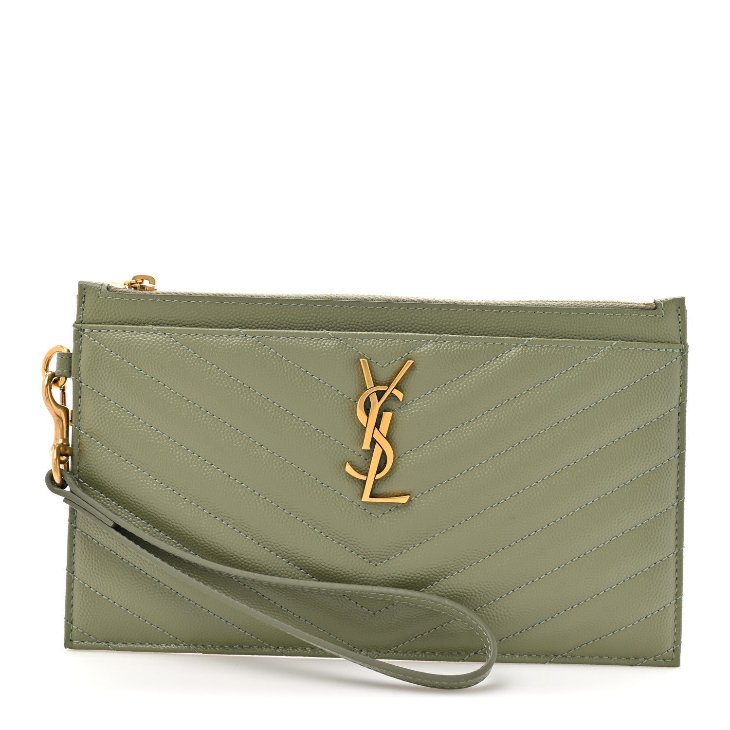 Saint Laurent Grain De Poudre Chevron Monogram Large Bill Pouch Light Sage