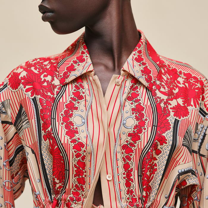 Beige Cajou "Aux Champs En Fleurs Raye" Drawstring Shirt