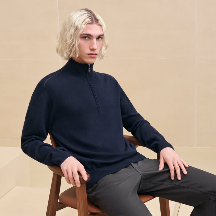 Cashmere "Detail cuir" full-zip sweater