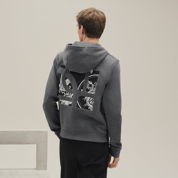 Gris Chiné Foncé "Ex-libris" Hooded Sweater With Silk Detail