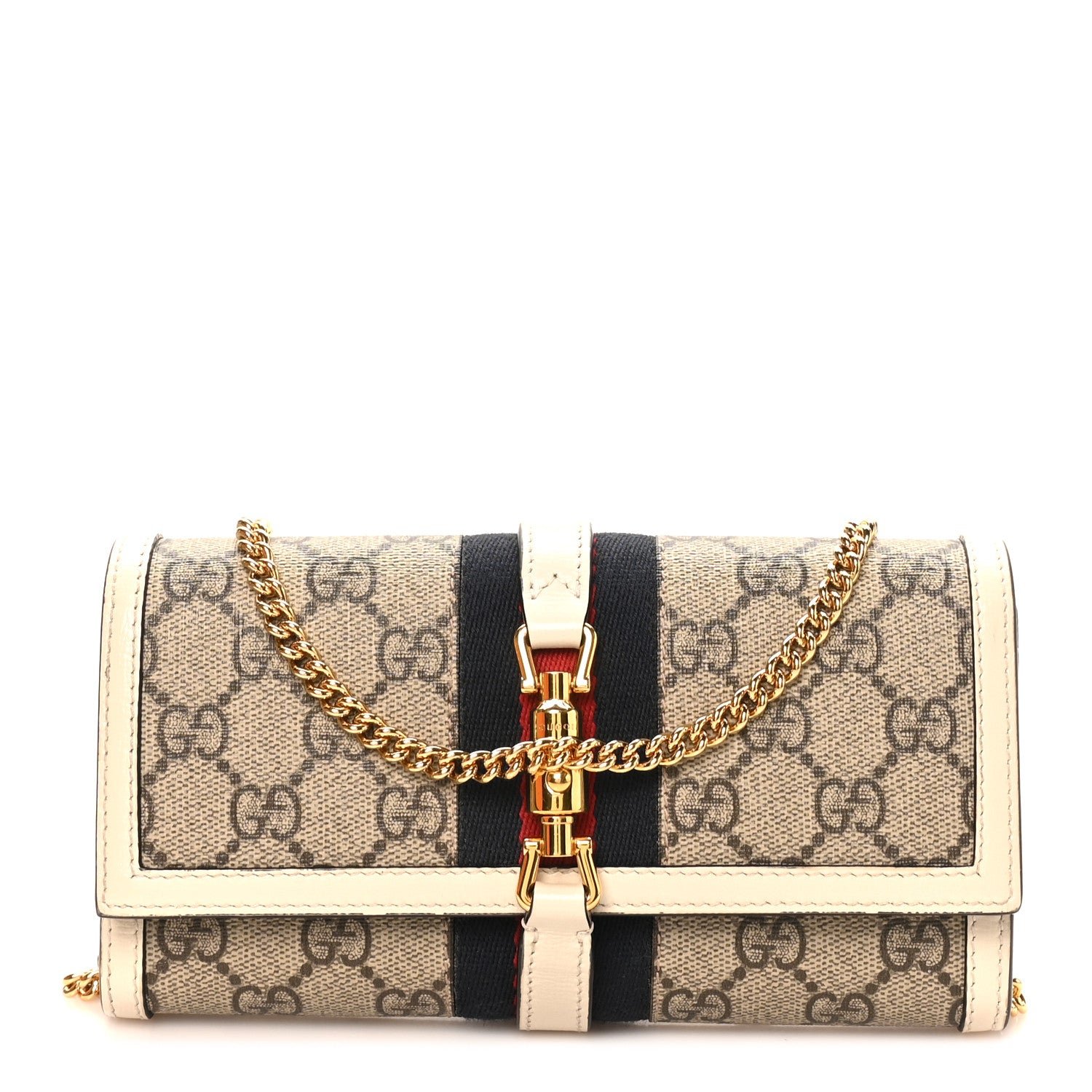 Gucci GG Supreme Monogram Textured Calfskin Web Jackie 1961 Chain Wallet Beige Ebony Mystic White