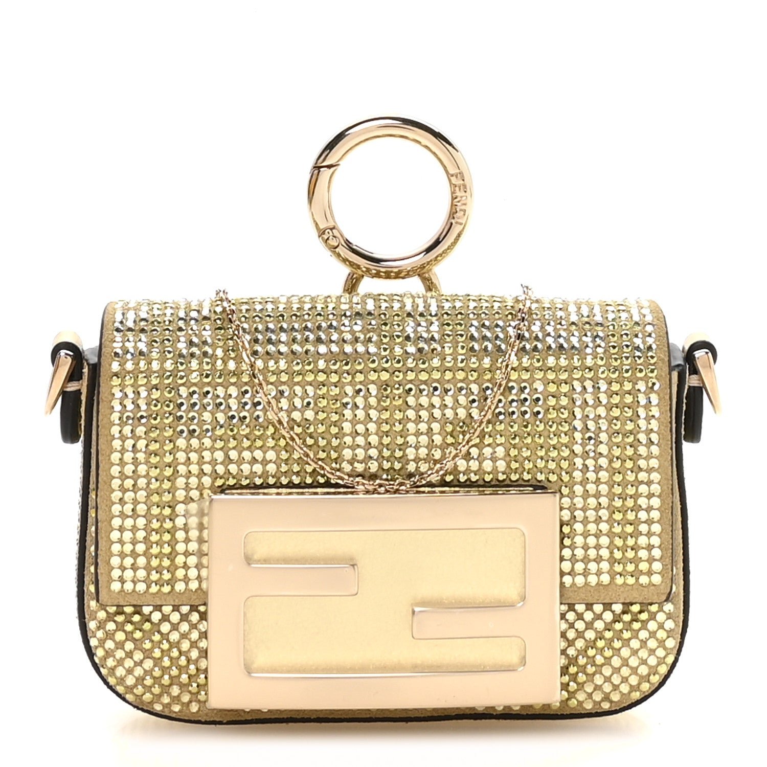 Fendi Crystal Vitello Laminato FF Nano Maxi Buckle Baguette Charm Light Gold