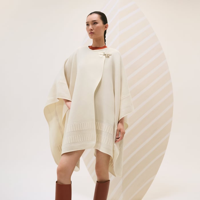 Blanc Naturel Embroidered Cashmere Cape With Leather Detail