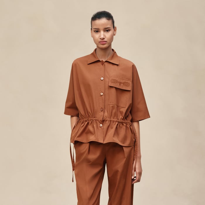 Marron Fauve Embroidered Beach Shirt