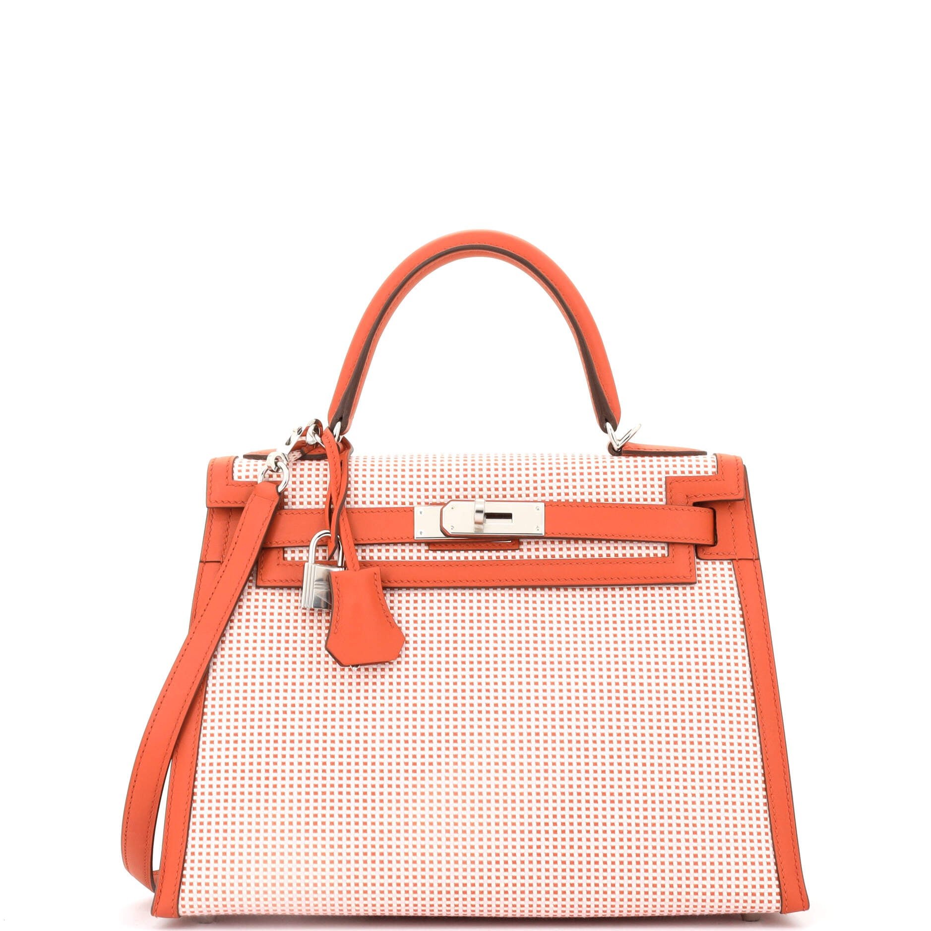 Hermes Kelly Handbag Quadrille Canvas and Terre Battue Swift with Palladium Hardware 28