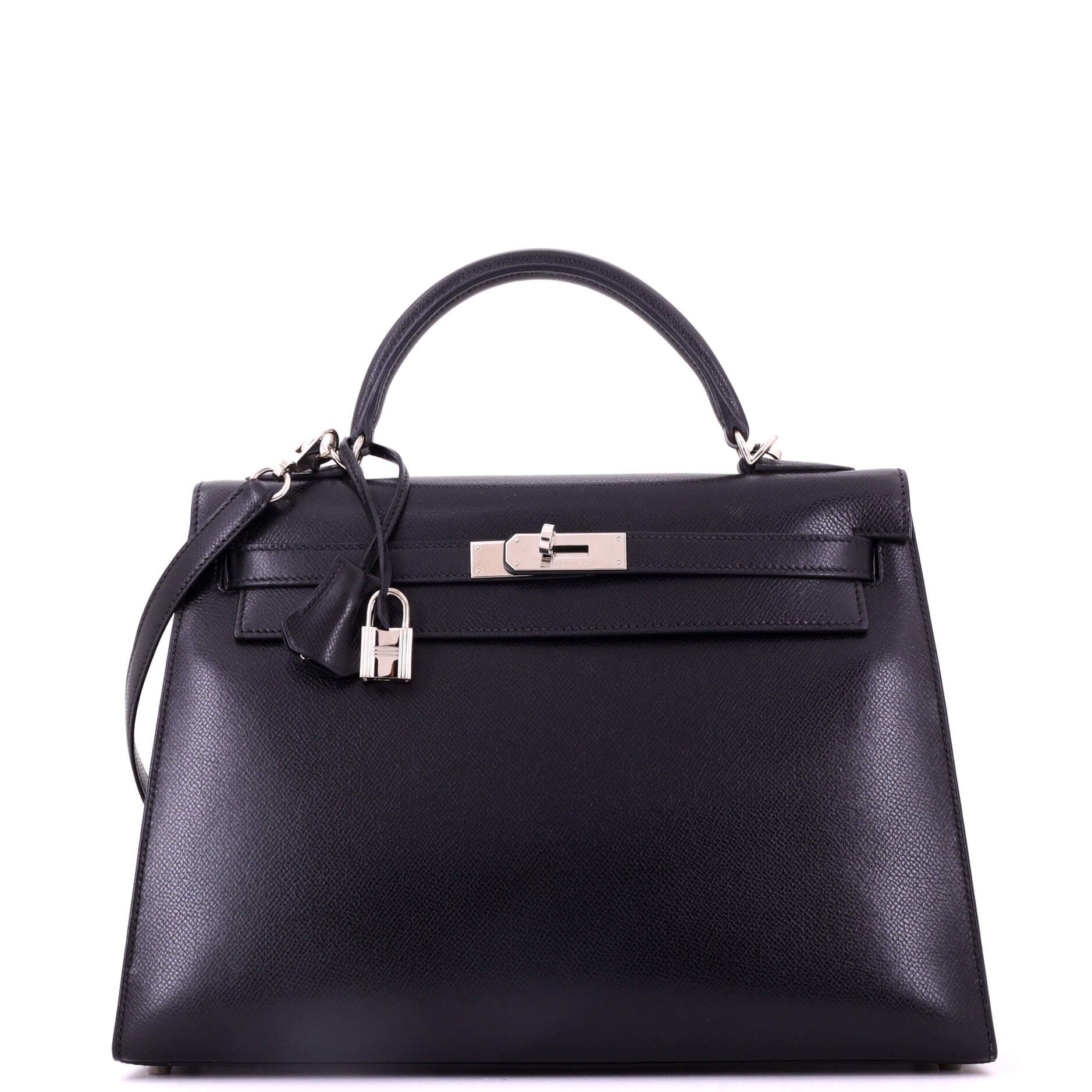 Kelly Handbag Noir Vache Liegee with Palladium Hardware 32