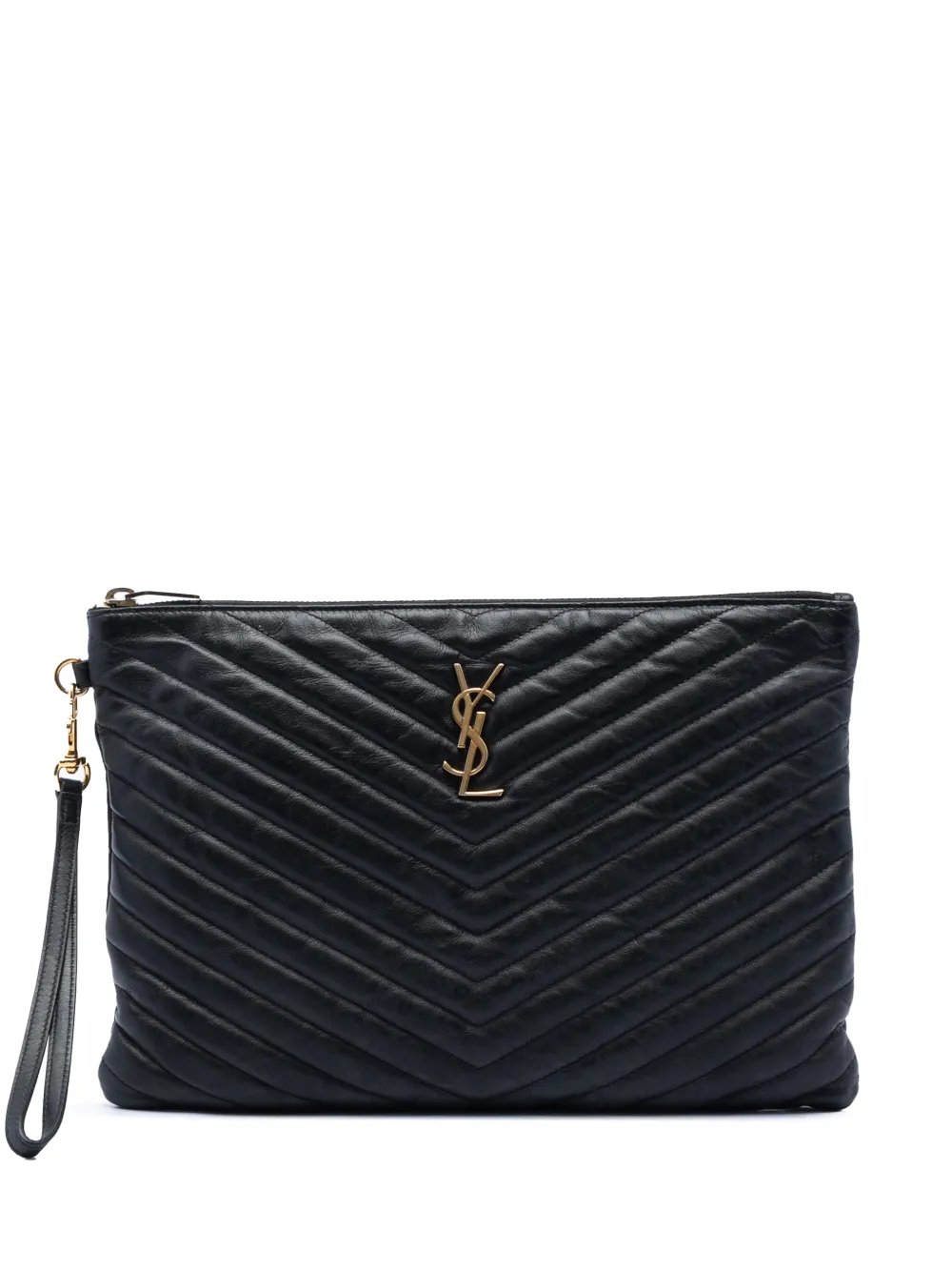 2015 Chevron Calfskin Monogram Zip A4 Pouch clutch bag
