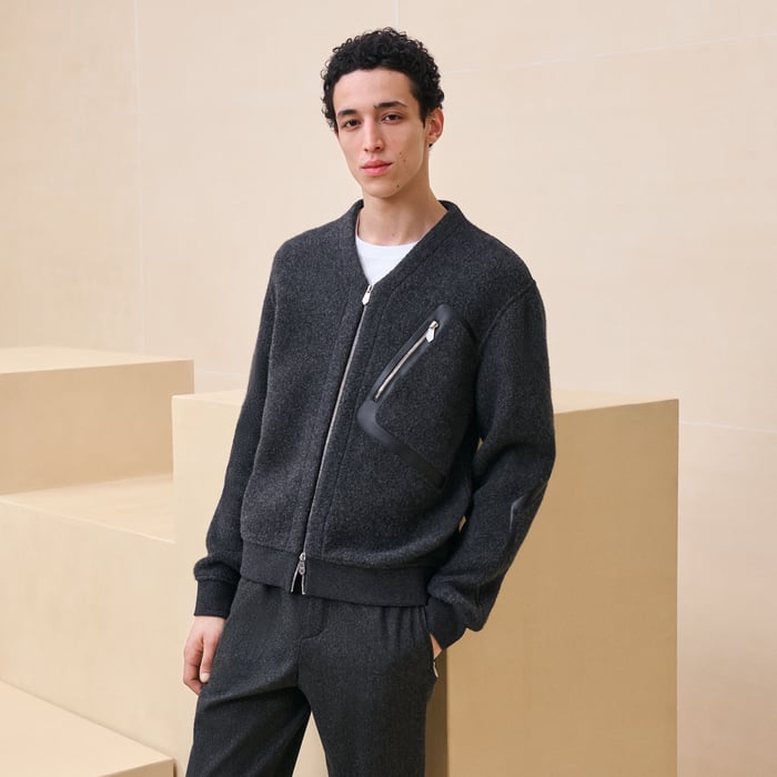 Gris Foncé Zipped Varsity Cardigan With Leather Detail