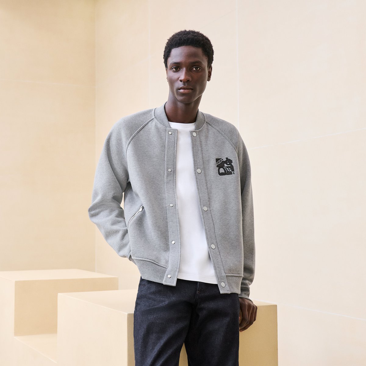 Gris "Metallerie Au Carre" Varsity Jacket With Leather Detail