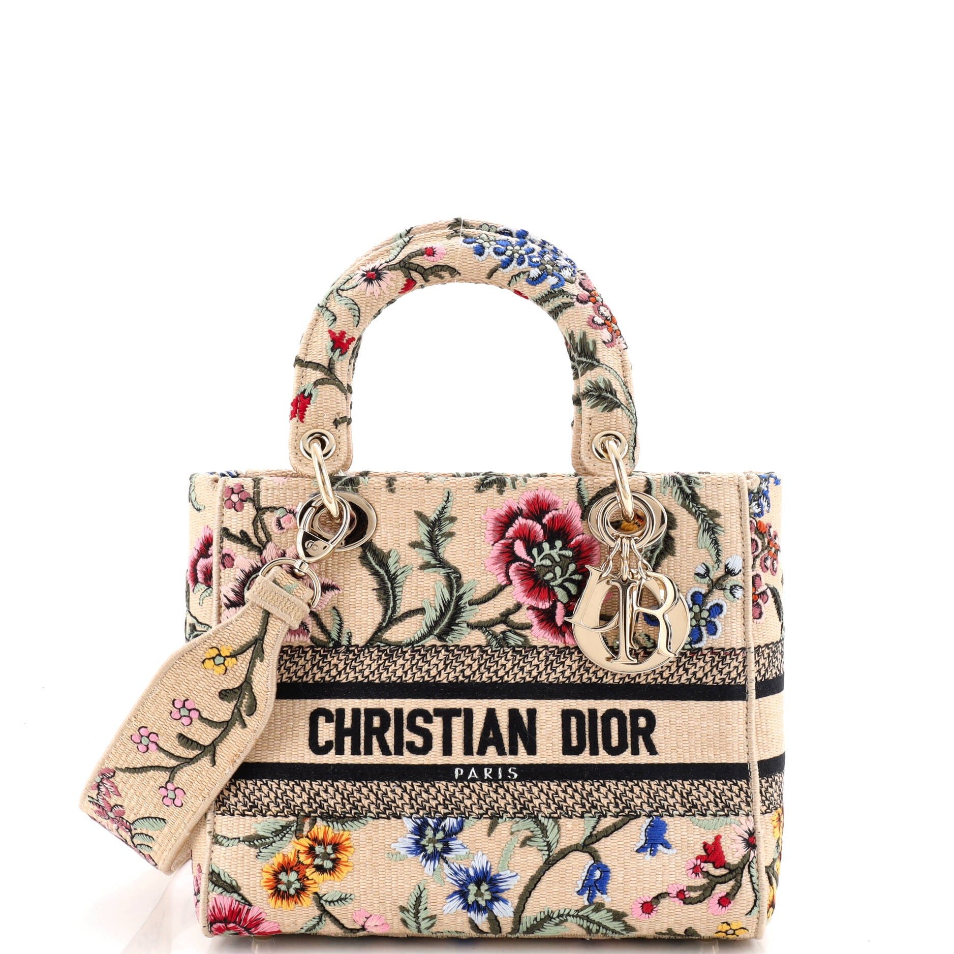 Lady D-Lite Bag Embroidered Raffia Medium