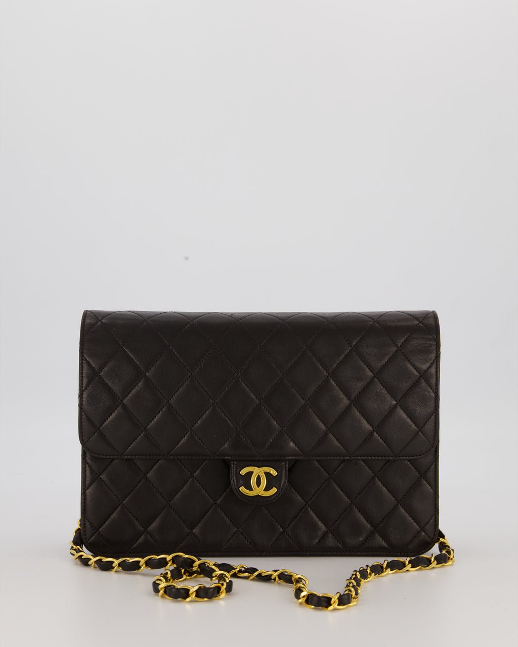 Chanel Vintage Medium Square Single Flap Bag in Black Lambskin Leather with 24K Gold Hardware