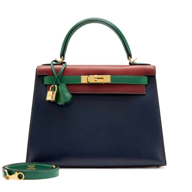 Vintage Bleu Indigo, Vert Benghal and Rouge H Tricolor Box Calf Sellier Kelly 28 Gold Hardware, 2000