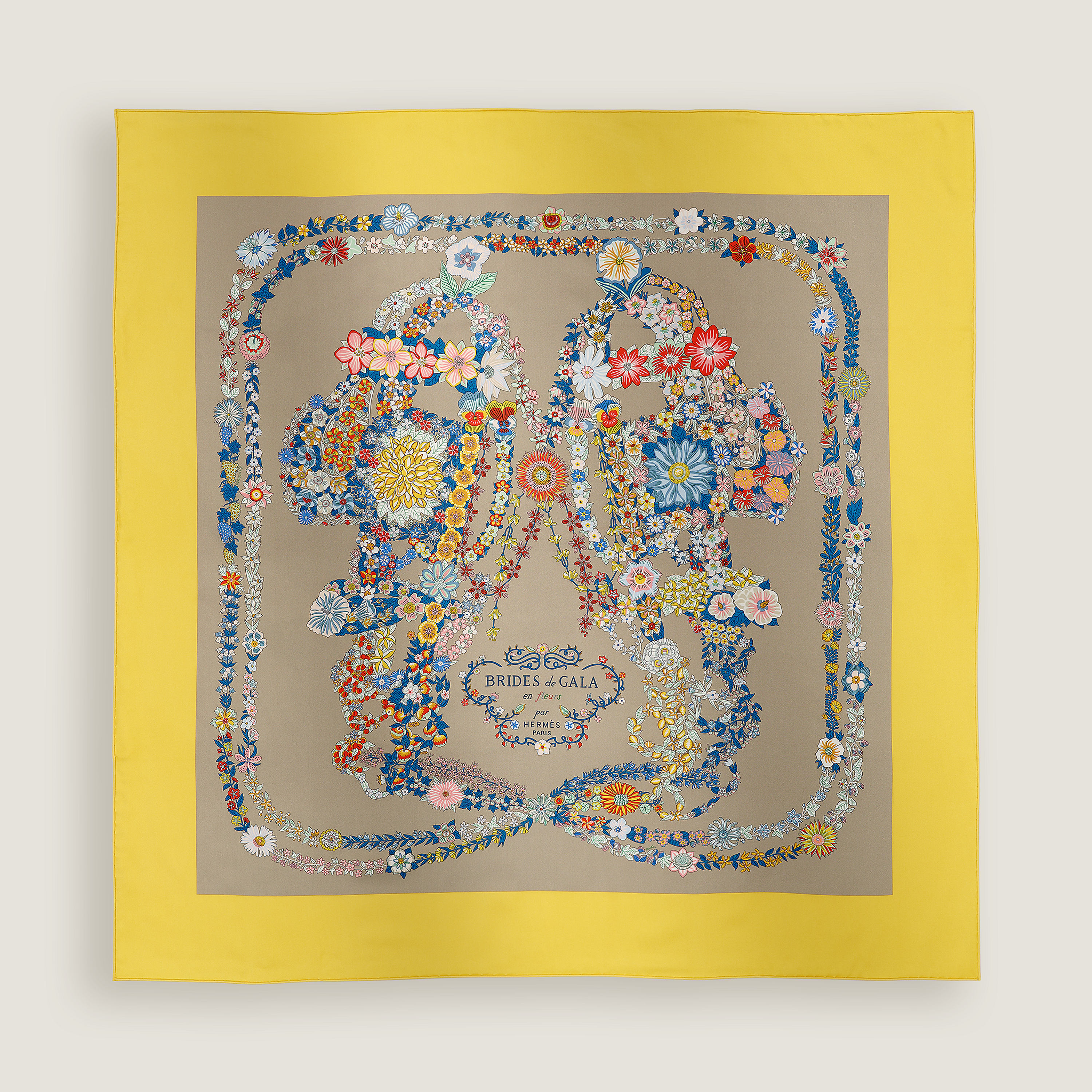 Hermès Brides de Gala en Fleurs scarf 90 Jaune Vif/Gris Acier/Bleu