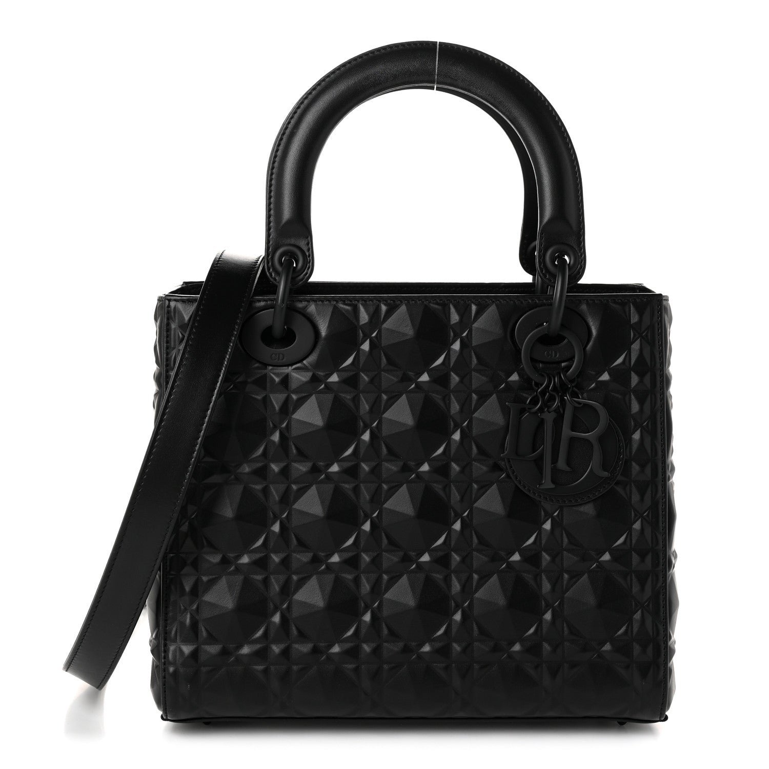 Christian Dior Calfskin Cannage Diamond Cannage Medium Lady Dior Black