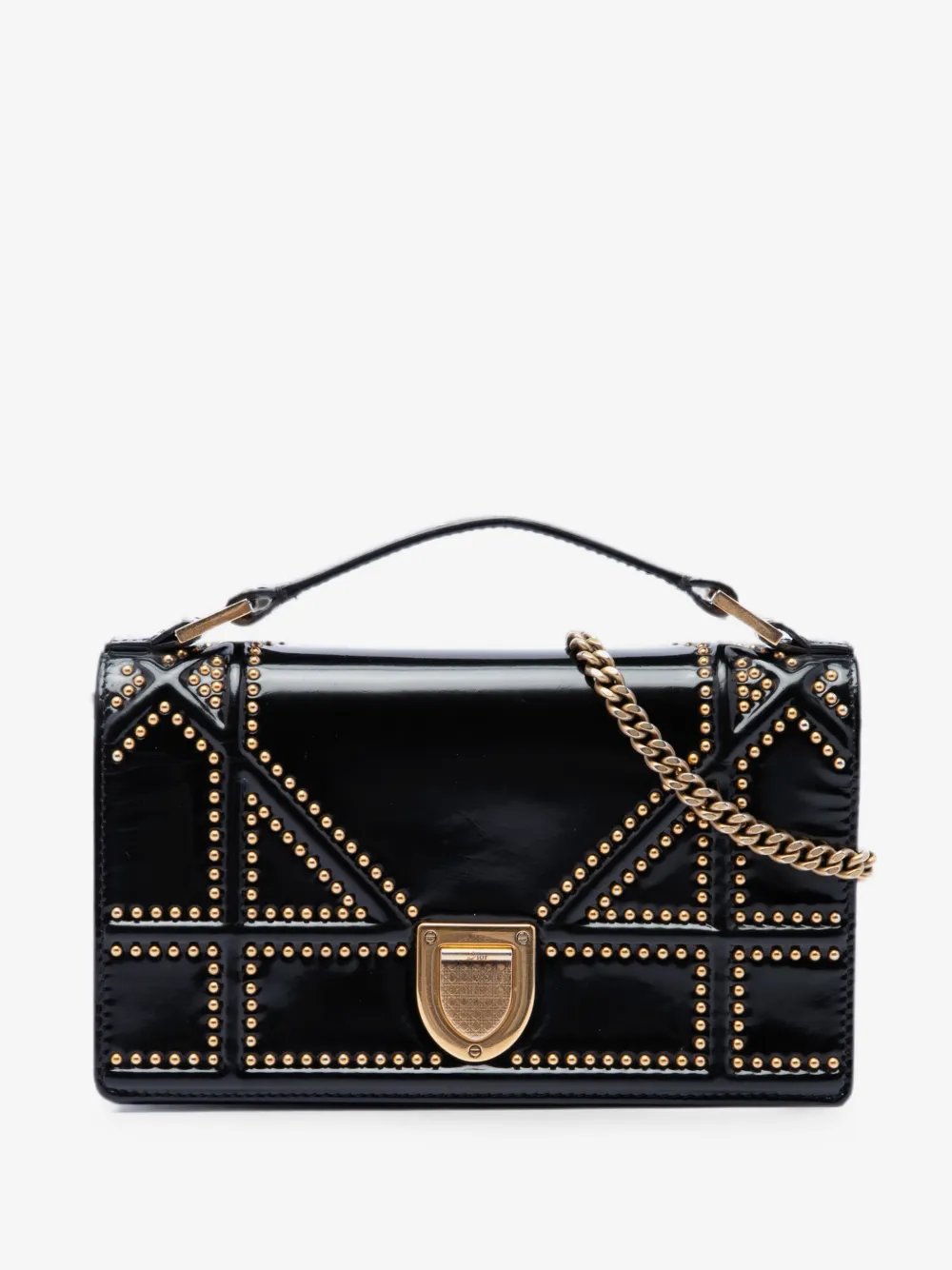 2017 Studded Patent Diorama Top Handle Wallet on Chain satchel