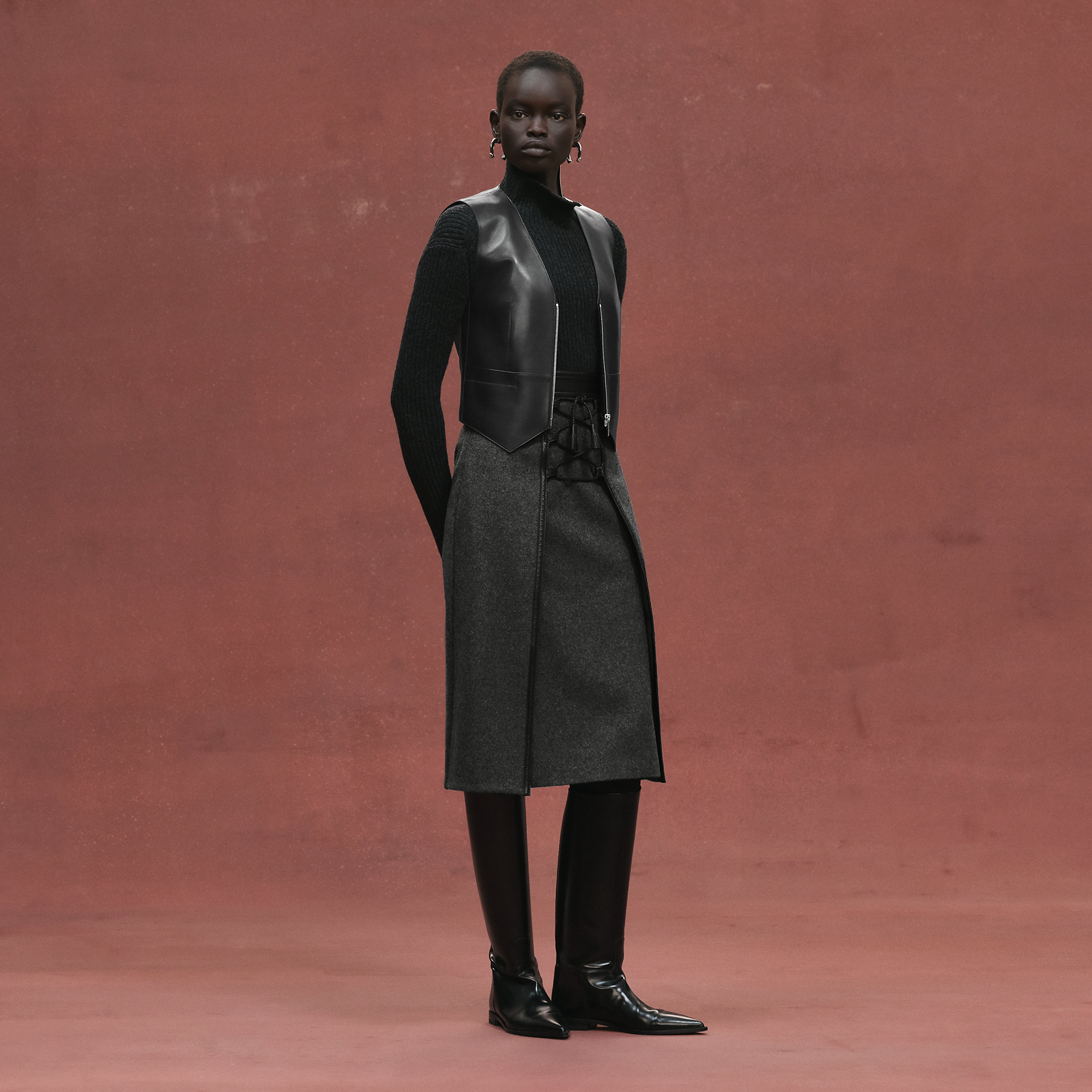 Mixed leather drawstring skirt