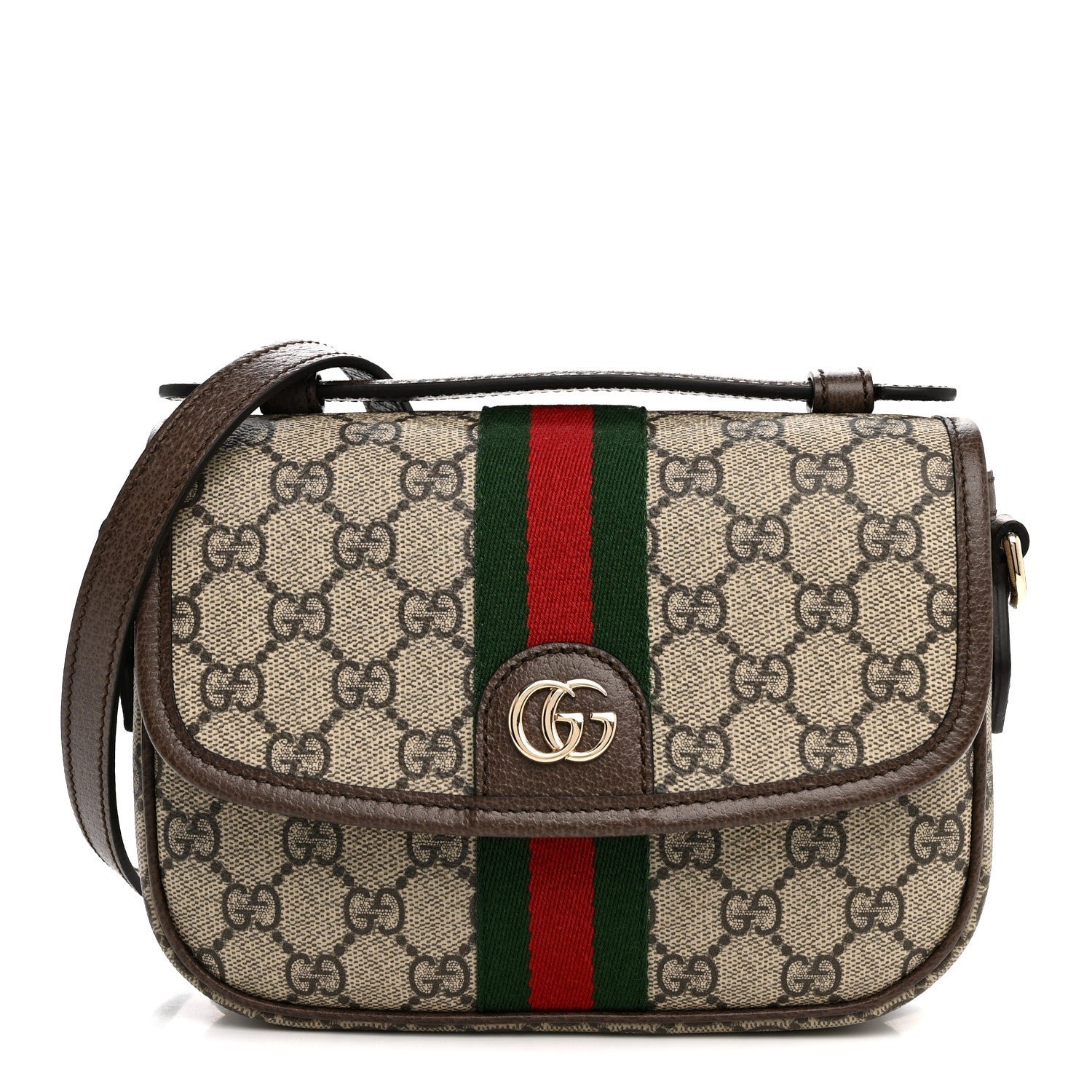 Gucci GG Supreme Monogram Textured Dollar Calfskin Small Ophidia Top Handle Shoulder Bag Beige Brown