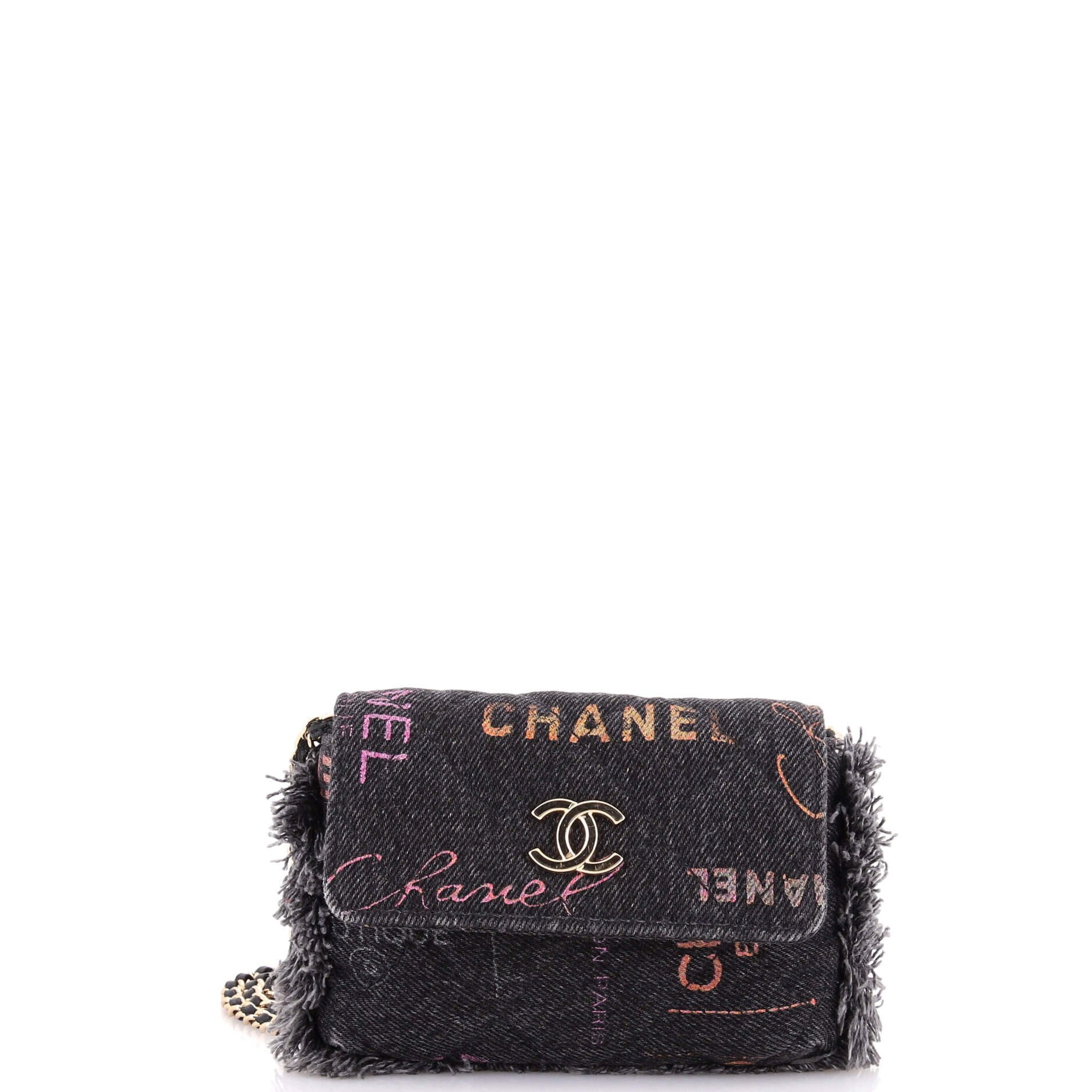 Denim Mood Flap Clutch with Chain Logo Printed Quilted Fringe Denim