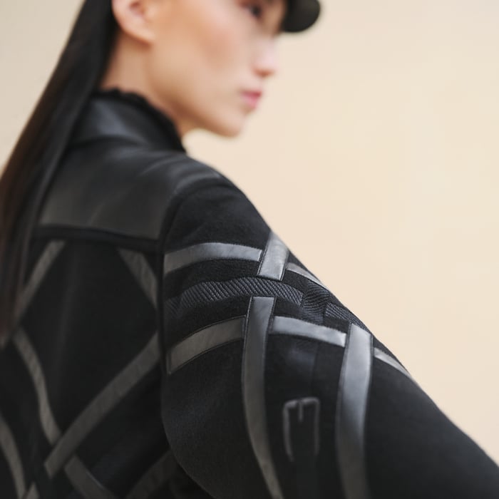 Noir Mixed Leather Embroidered Pea Coat