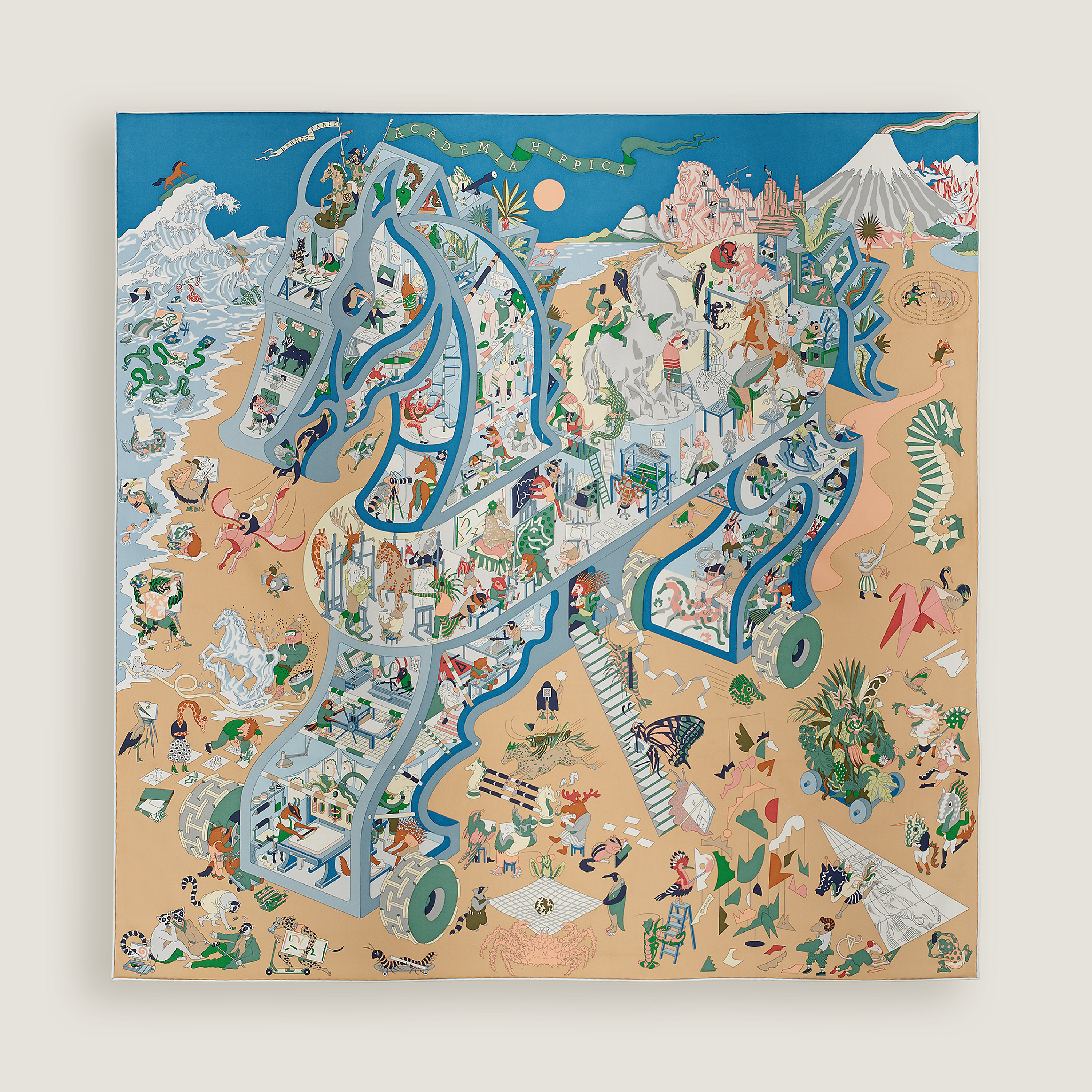 Hermès Academia Hippica scarf 90 Bleu Azur/Beige Doré/Vert | BagUSeek