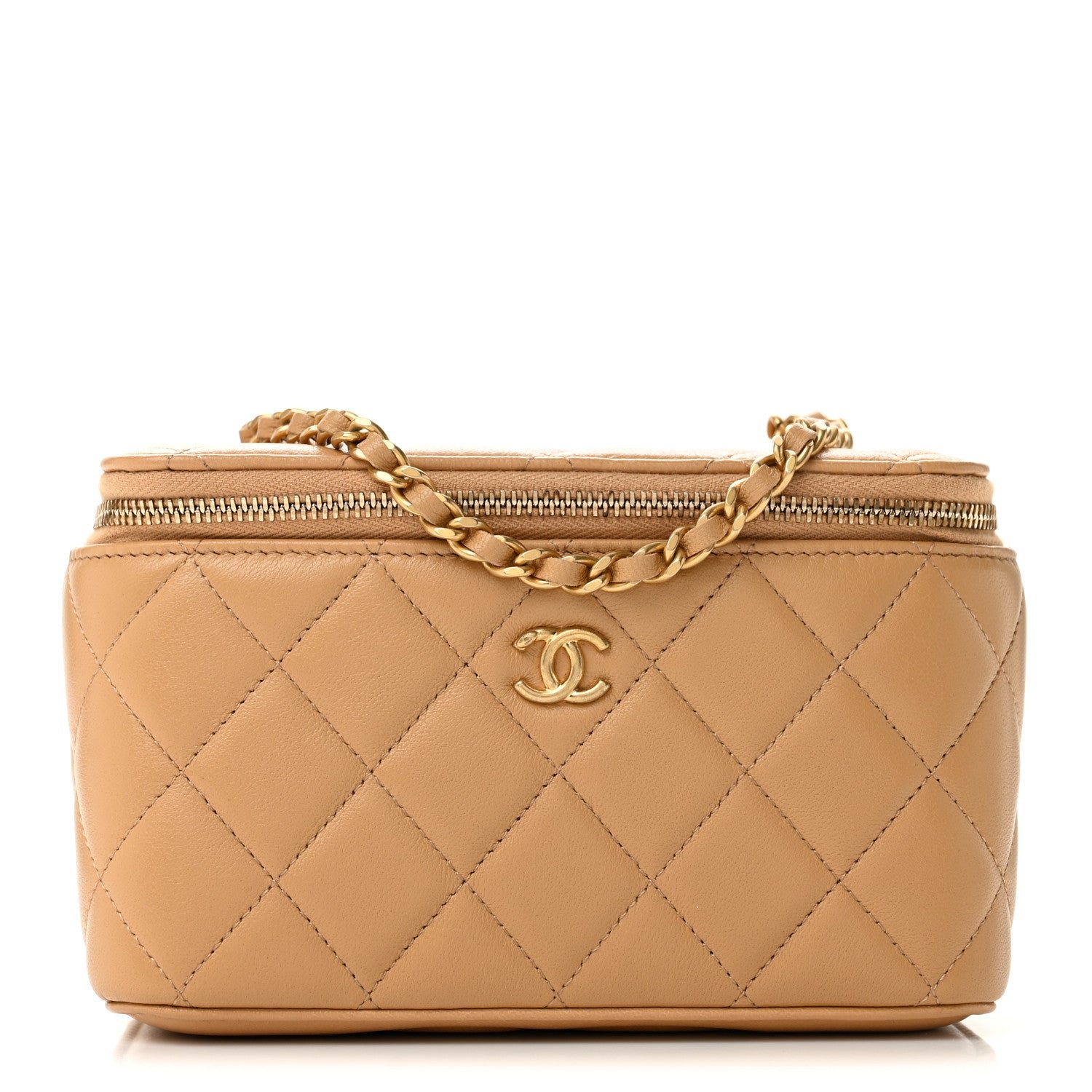 Chanel Lambskin Quilted Pearl Crush Small Vanity Case With Chain Beige