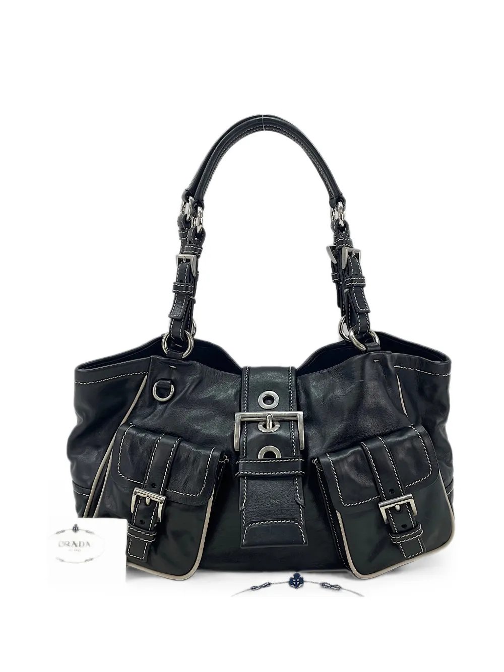2000s buckled leather tote bag