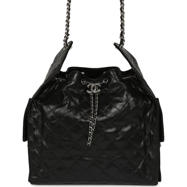 Chanel Medium 25 Hobo Bag Black Shiny Crumpled Calfskin Mixed Silver Hardware