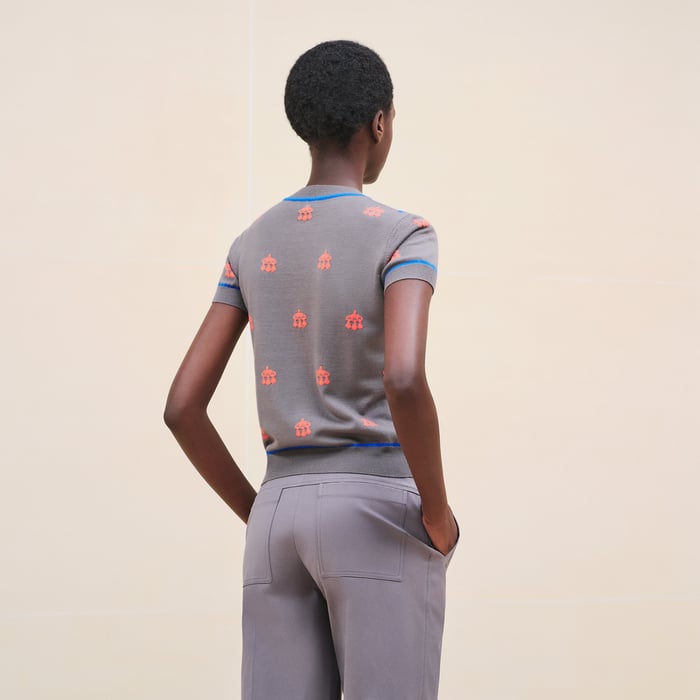 Gris Pierre "Mors a Jouets" Embroidered Short-sleeve Sweater