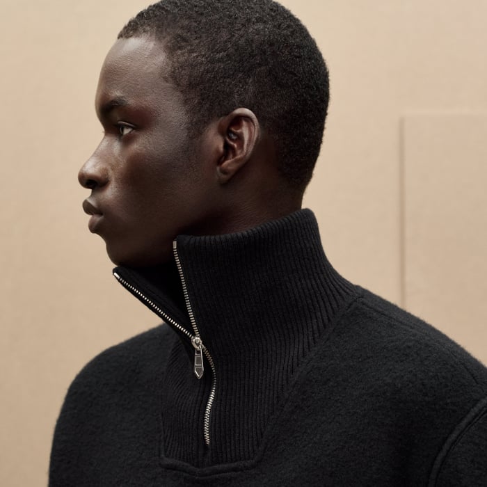 Noir Full-zip Sweater With Leather Detail