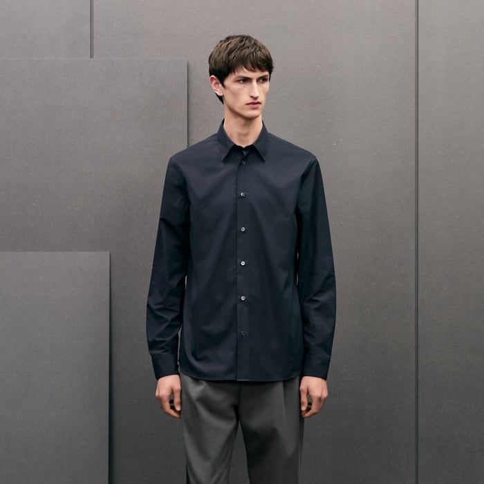 Marine Straight Cut Shirt With Leather Detail