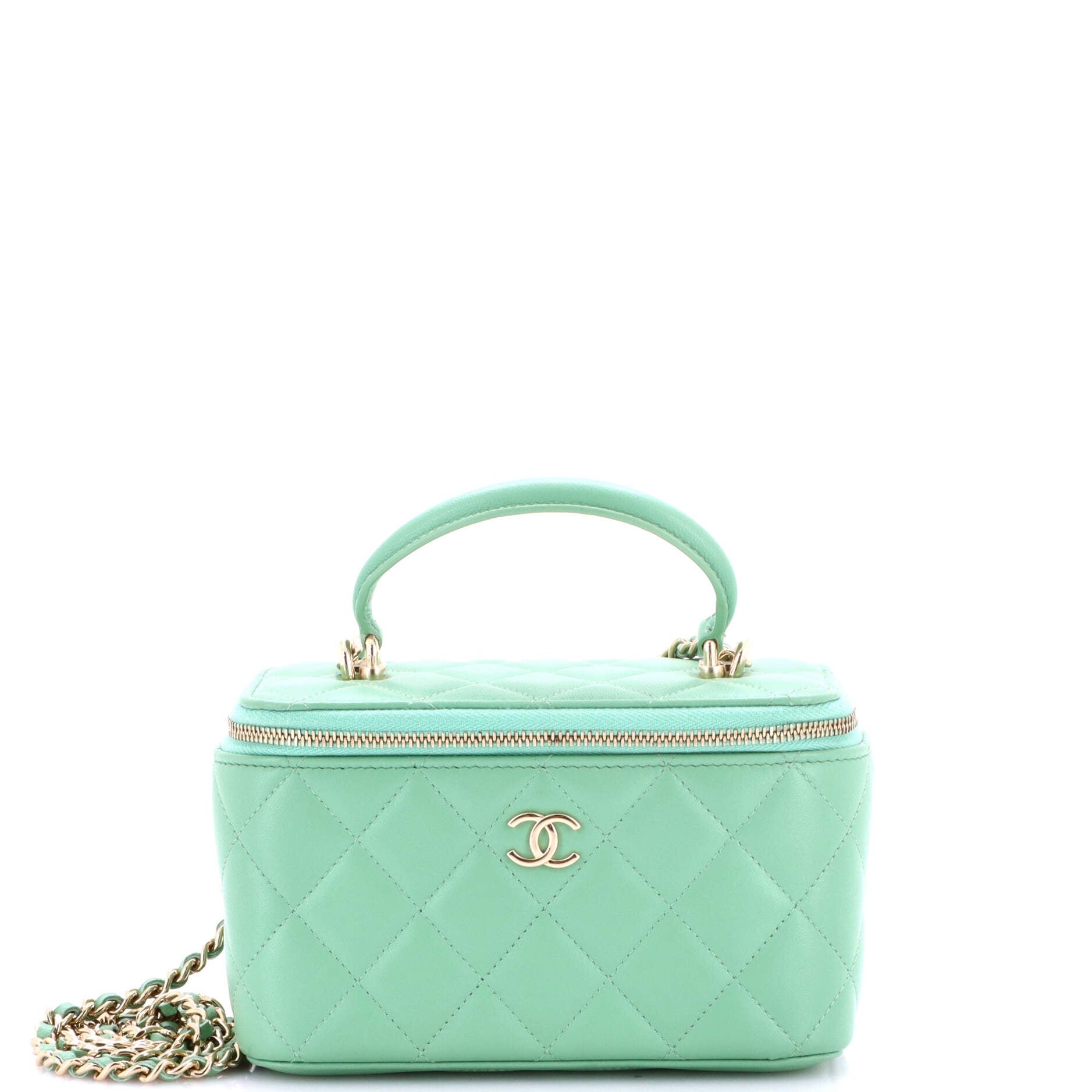 Classic Top Handle Vanity Case with Chain Quilted Lambskin Small