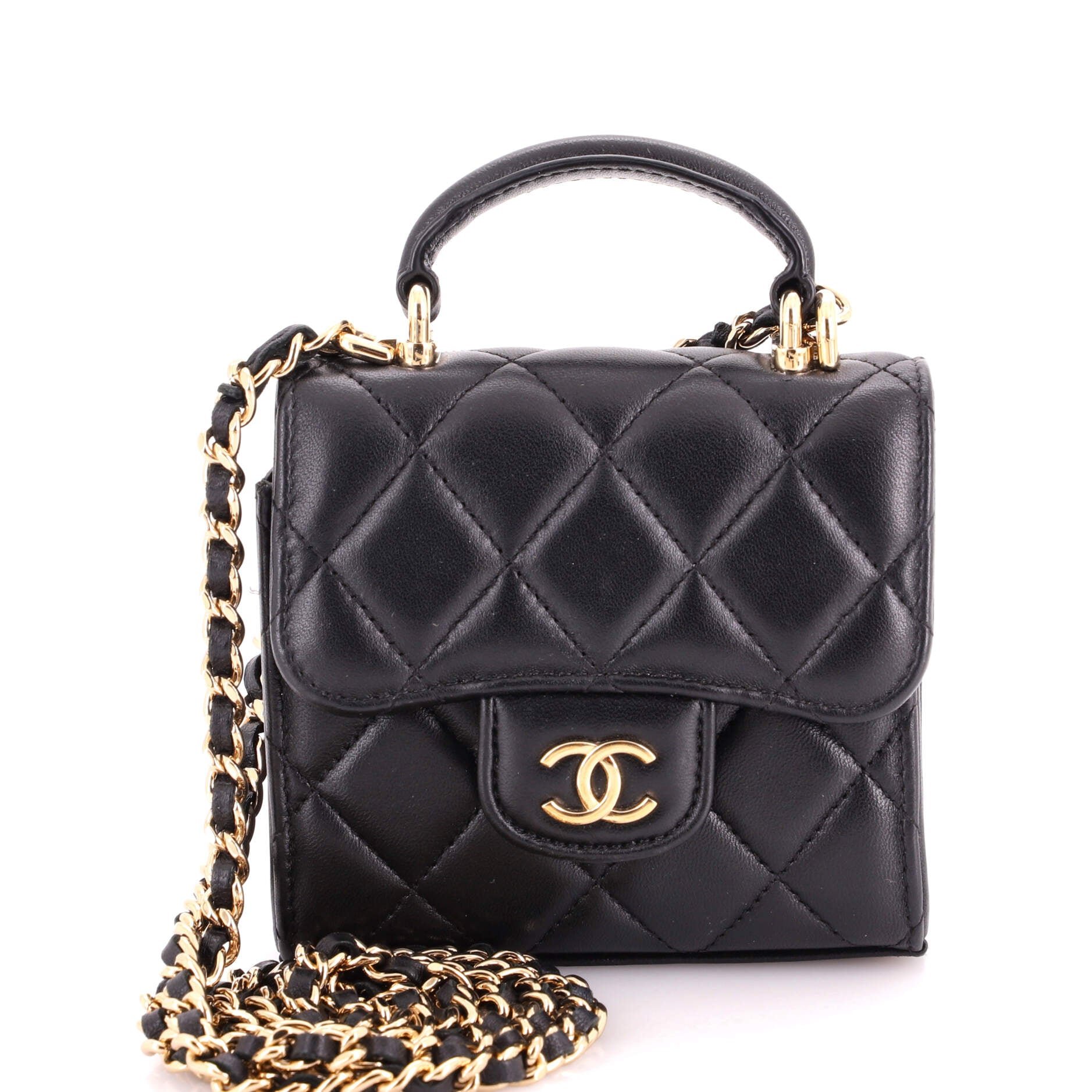 Square Classic Flap Top Handle Clutch with Chain Quilted Lambskin