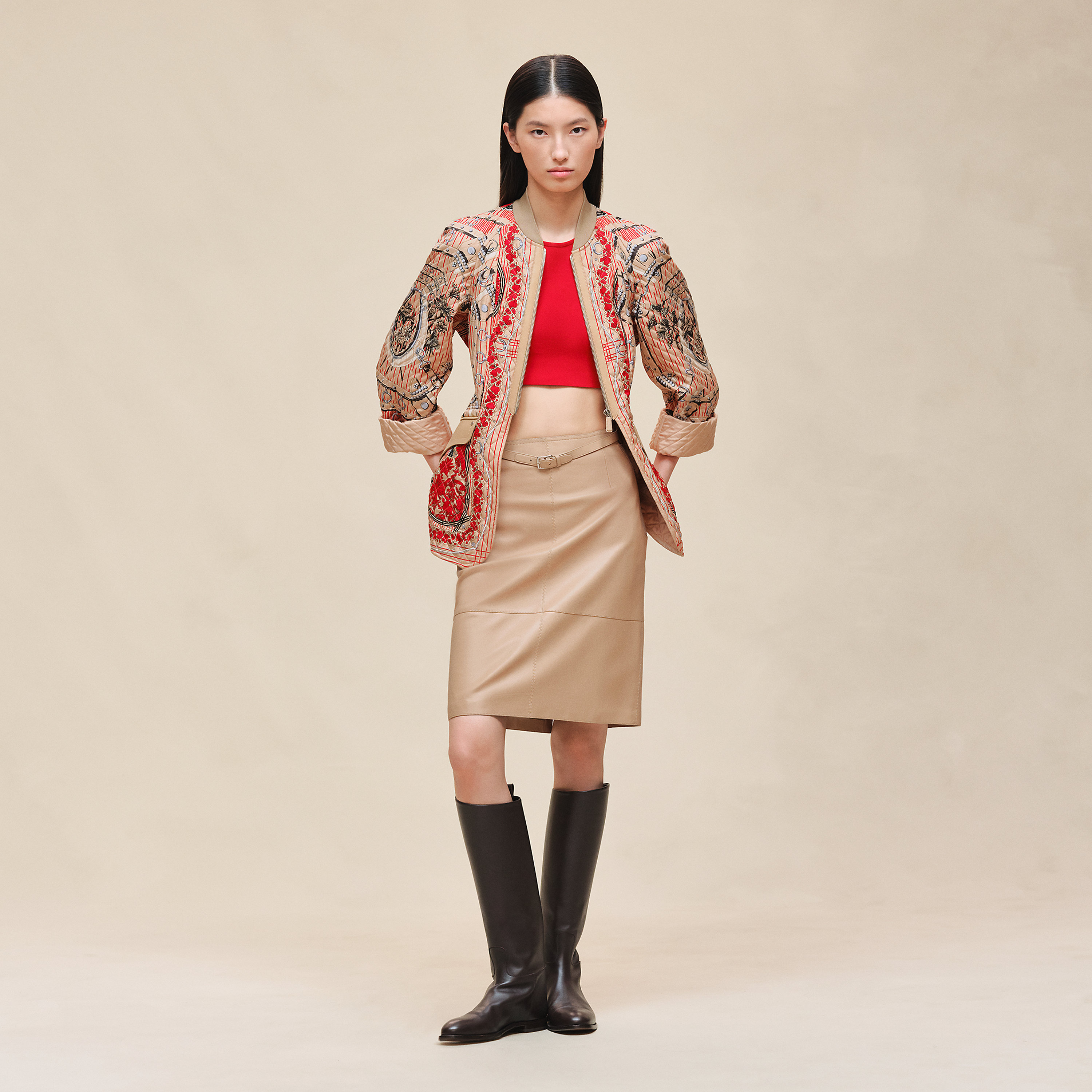 "Aux Champs en Fleurs Raye" mixed leather mat equestrian jacket