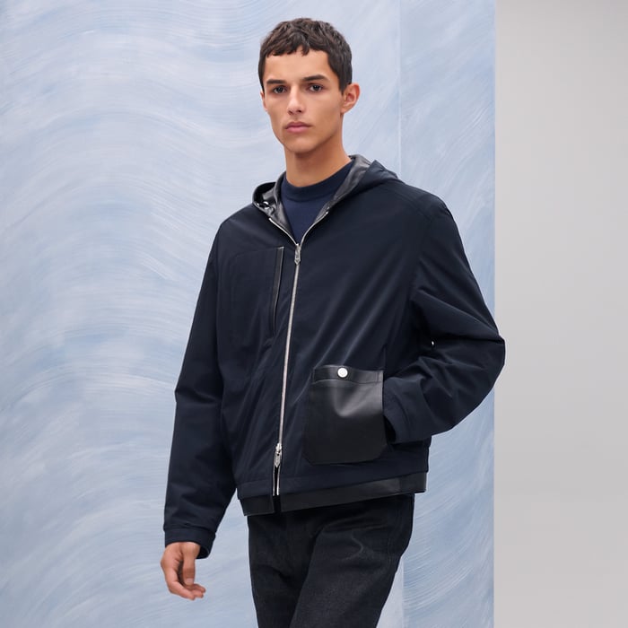 Marine Reversible Zipped Hooded Jacket With Leather Detail