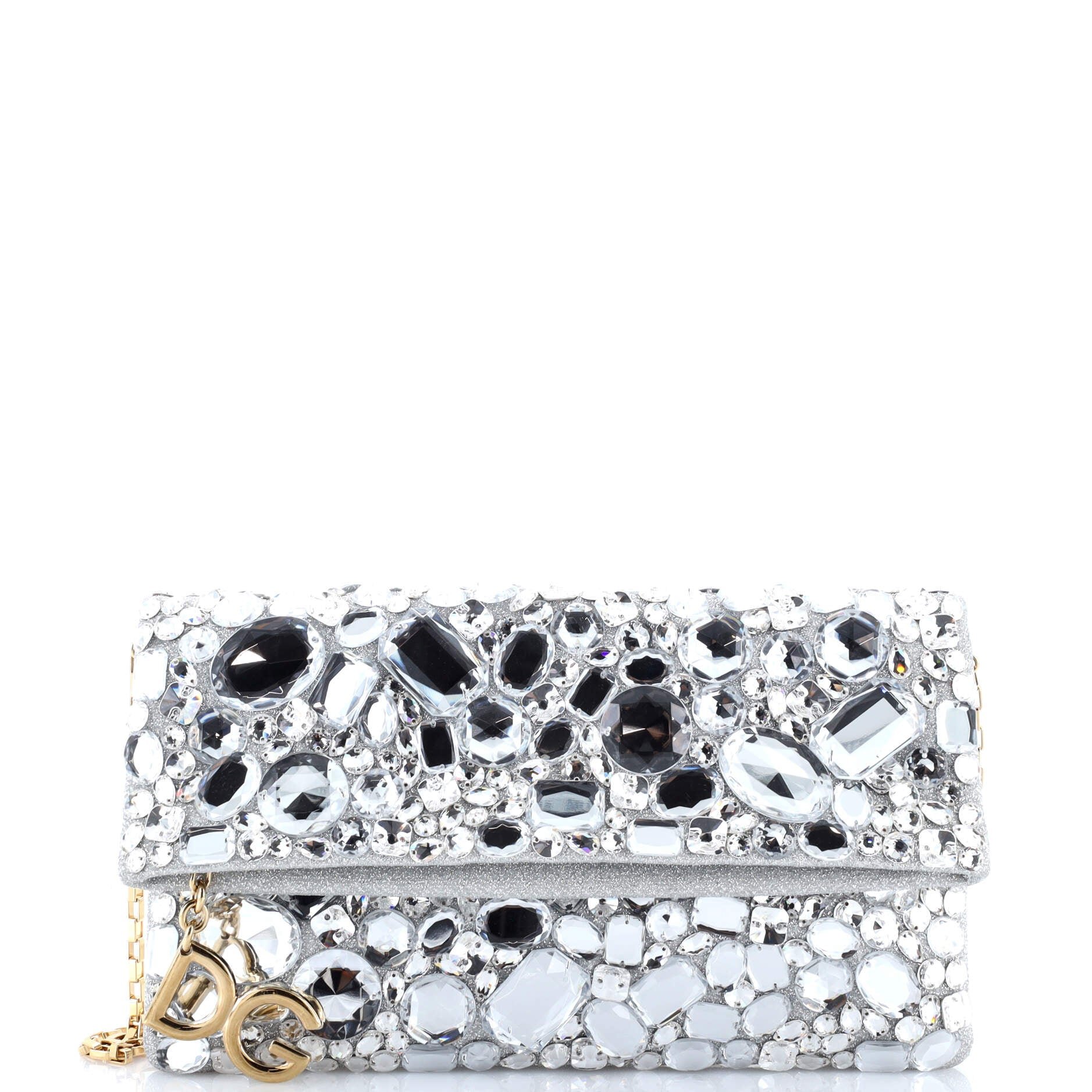 Dolce & Gabbana Fold Over Chain Clutch Crystal Embellished Satin Medium