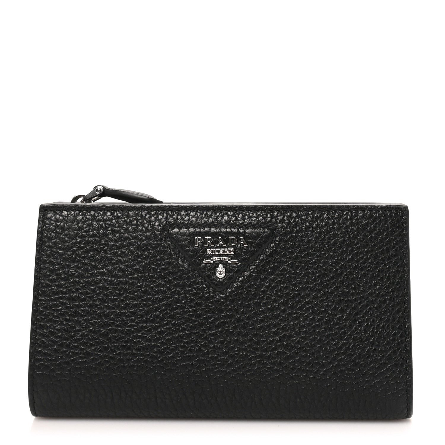 Prada Vitello Daino Triangle Continental Zip Wallet  Black