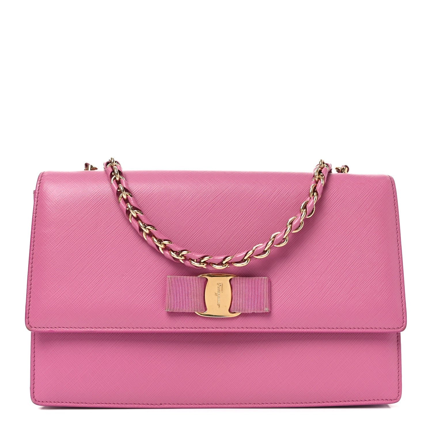 Salvatore Ferragamo Salvatore Ferragamo Printed Calfskin Vara Bow Chain Flap Crossbody Fuchsia