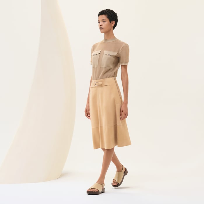 Beige Kraft Mid-length Flared Skirt