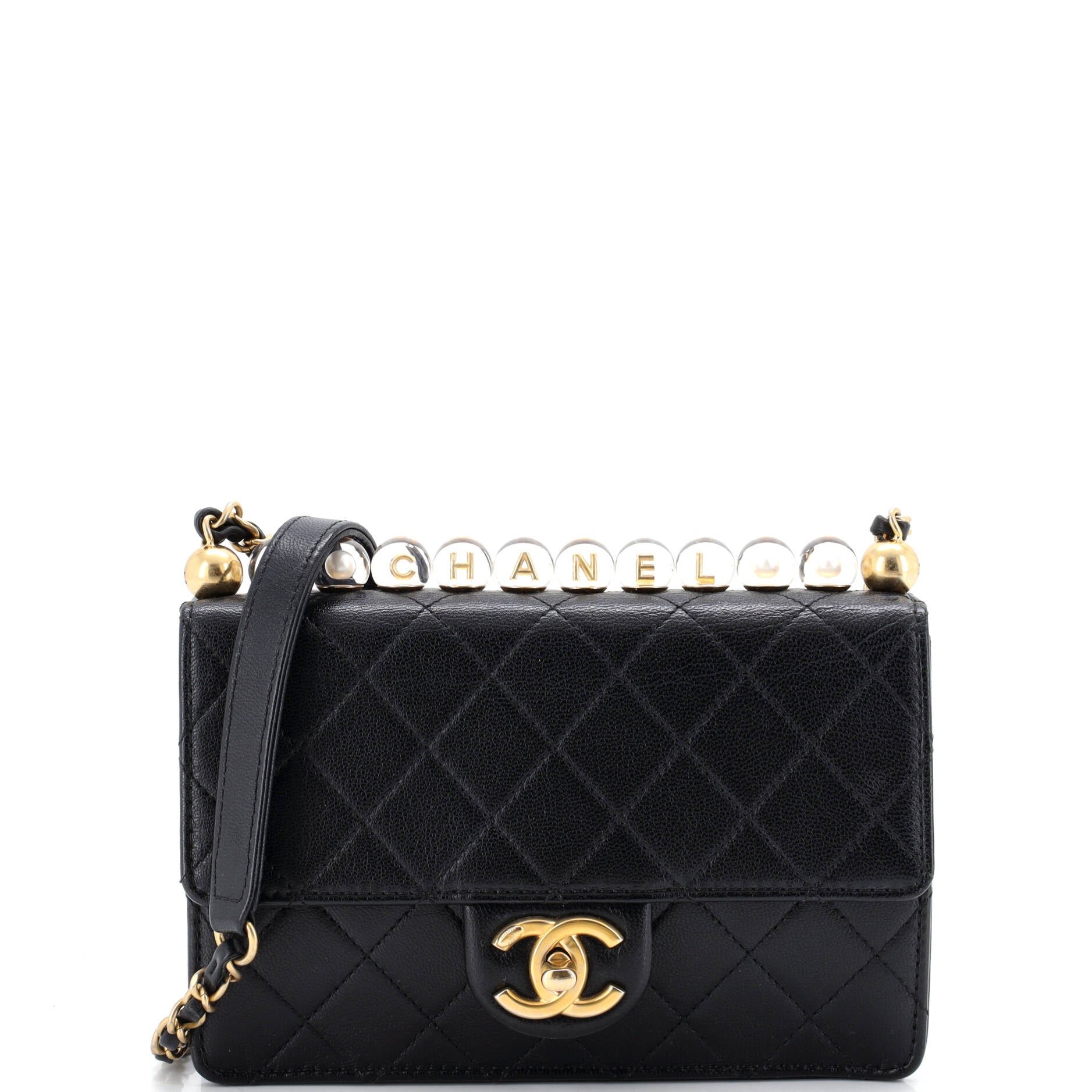 Chic Pearls Flap Bag Quilted Goatskin with Acrylic Beads Small